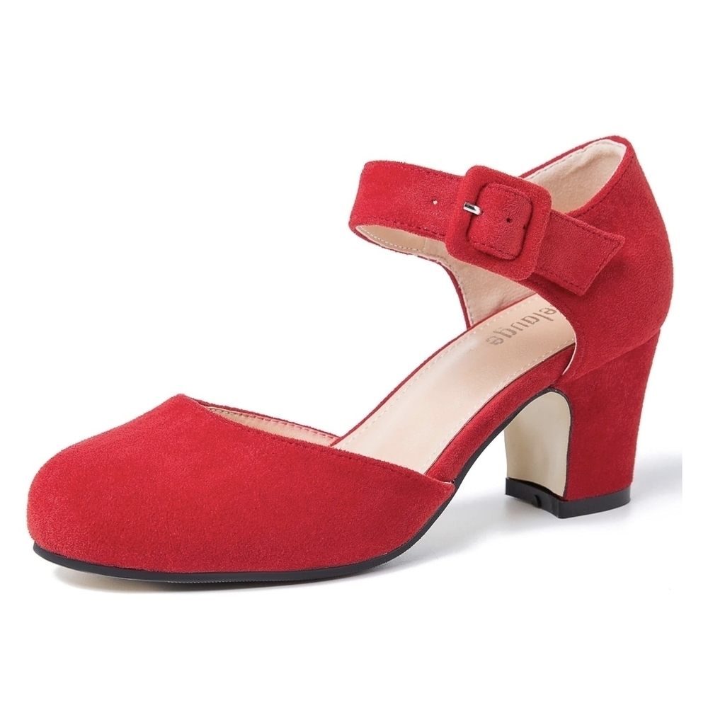 Red Closed Round Toe Pumps Ankle Strap Buckle Low Block Chunky Heels